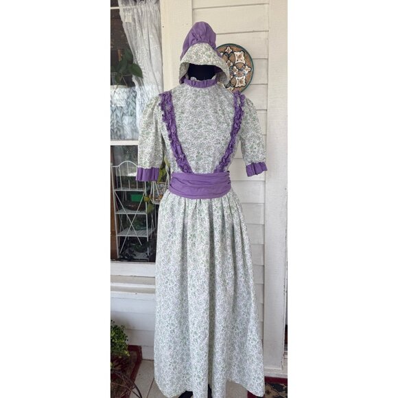Vintage 70's Cotton Floral Purple Flower Dress With Matching Bonnet Sz M - Picture 2 of 16